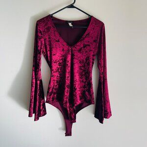 BLVD Velvet Long-Sleeve V-Neck Bodysuit in Wine